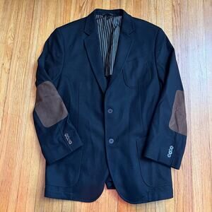 Flynt Blazer Mens 46L Black Wool Elbow Patch Sport Coat